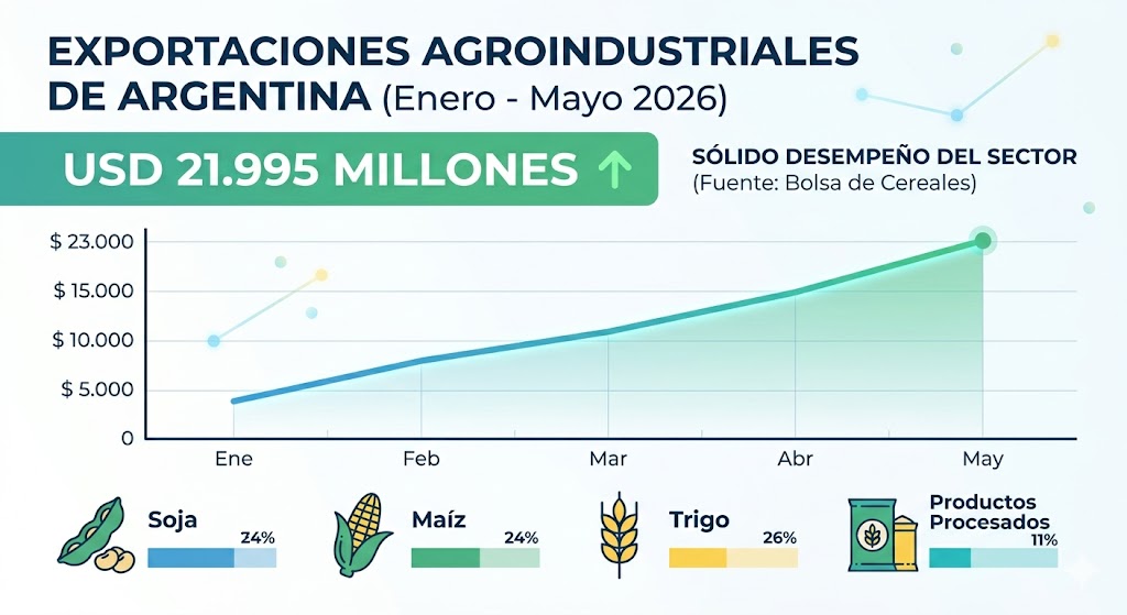 El sector agroindustrial argentino acelera su crecimiento: las exportaciones aumentaron un 17,1% en los primeros cinco meses de 2026