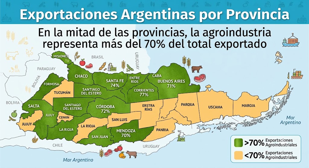 En la mitad de las provincias argentinas, la agroindustria representa más del 70% del total exportado