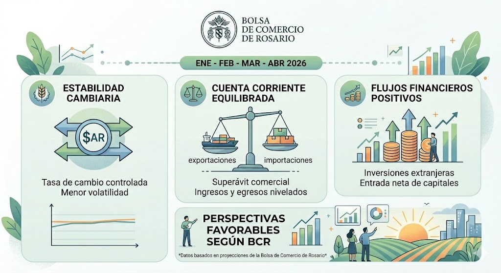 Primer cuatrimestre de 2026: estabilidad cambiaria, cuenta corriente equilibrada y flujos financieros positivos  según la Bolsa de Comercio de Rosario